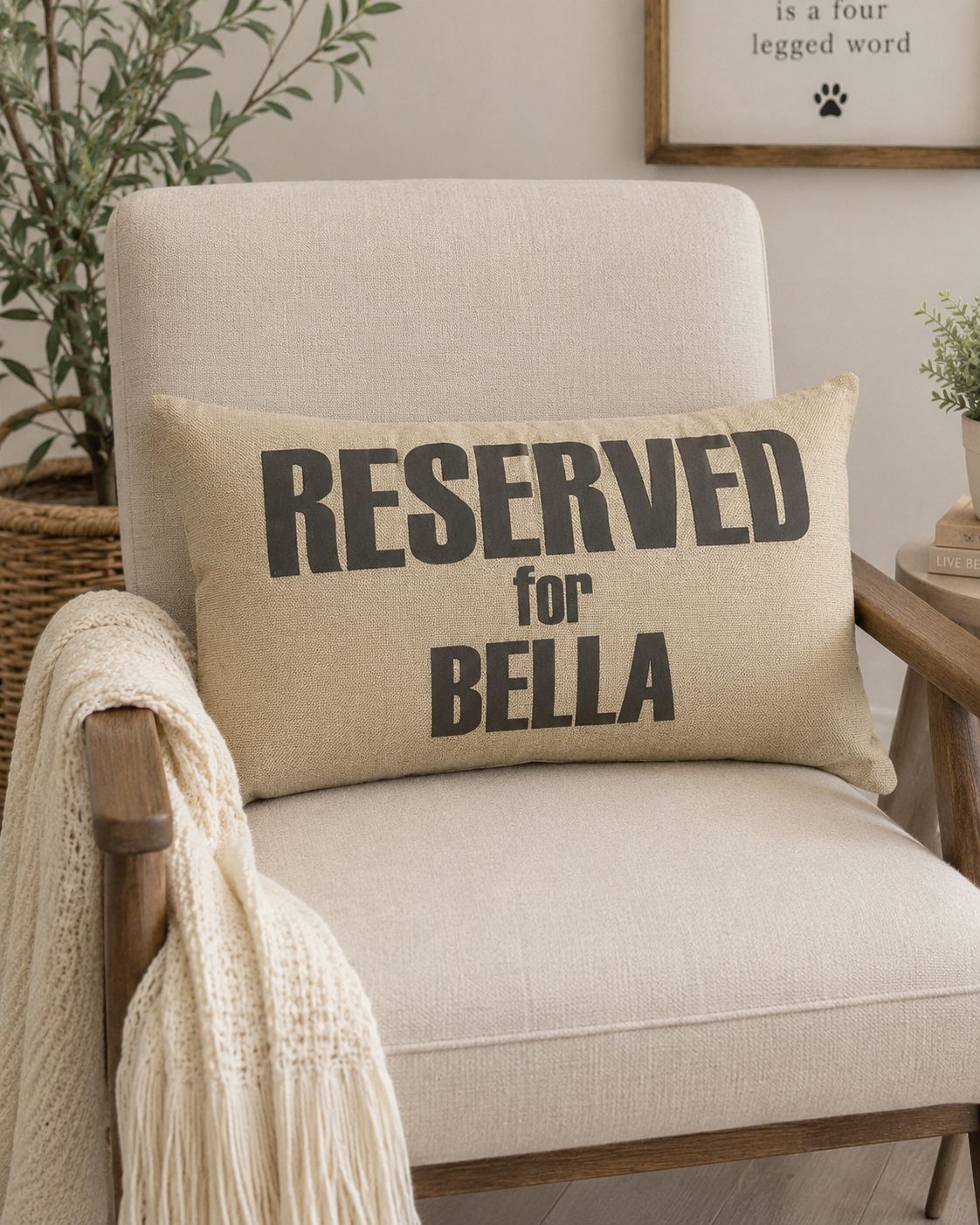 Personalized “Reserved For” Pet Lumbar Pillow Cover – Custom Pet Name Pillow | Farmhouse Burlap Accent Pillow