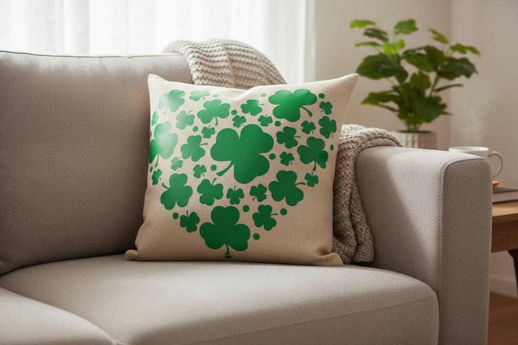 St. Patrick's Day Clover Heart Pillow Cover - 16"x15" Green Decorative Shamrock Cushion Case