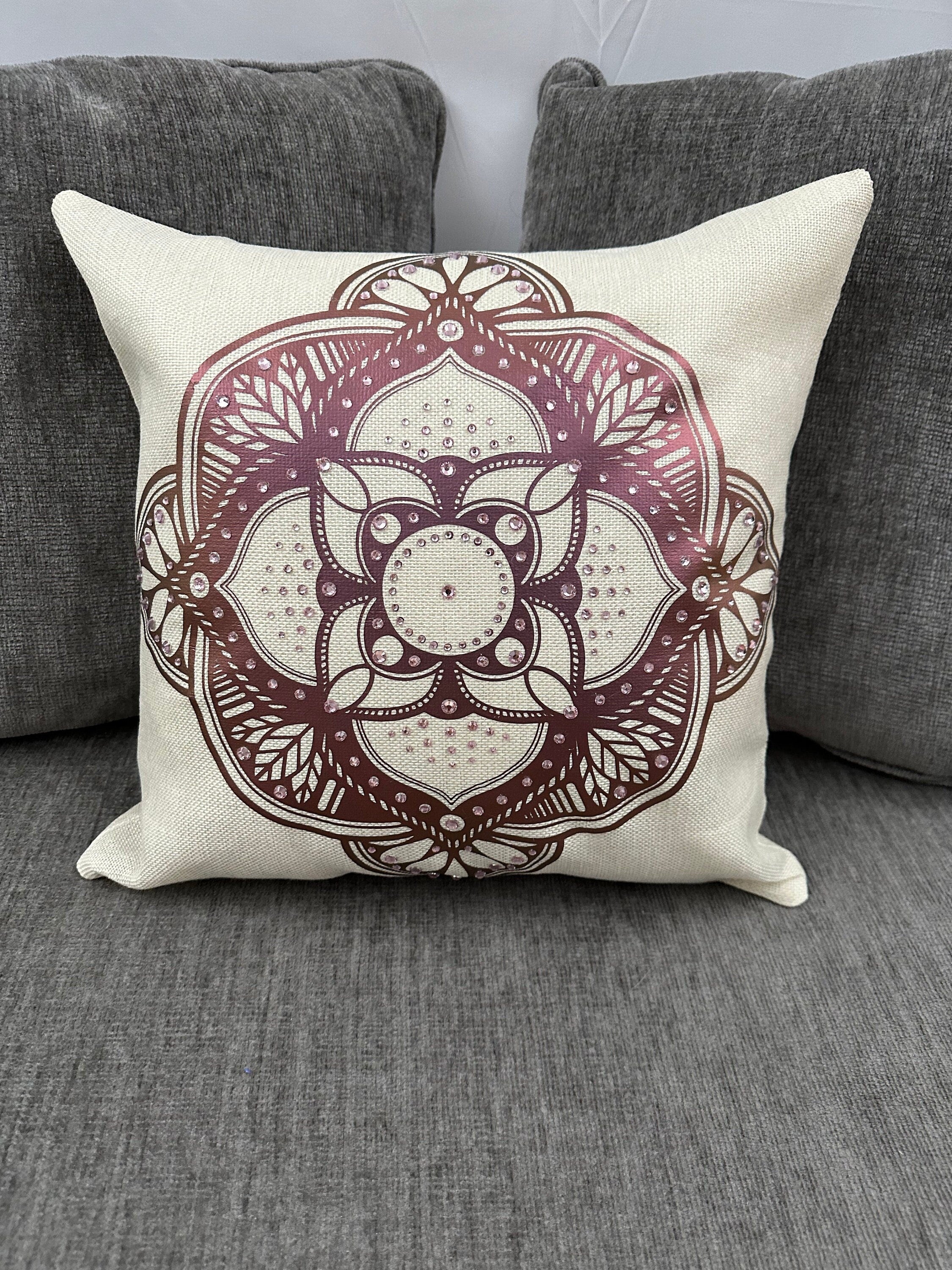 Exquisite Burgundy Mandala Throw Pillow with Rhinestone Embellishments for Elegant Home Decor