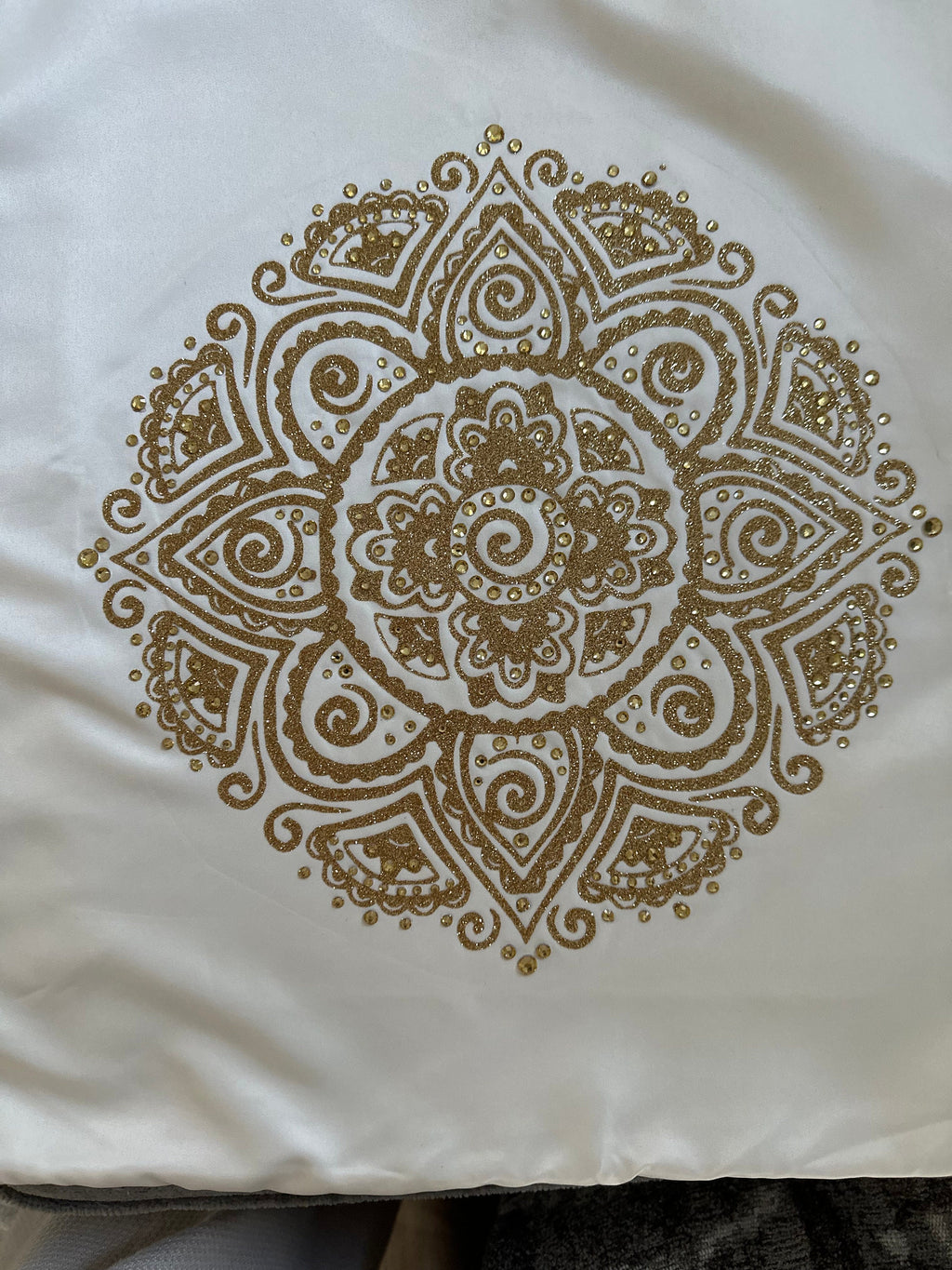 Golden Glitter Mandala Rhinestone Throw Pillow Cover - 16"x16" One-of-a-Kind Home Decor