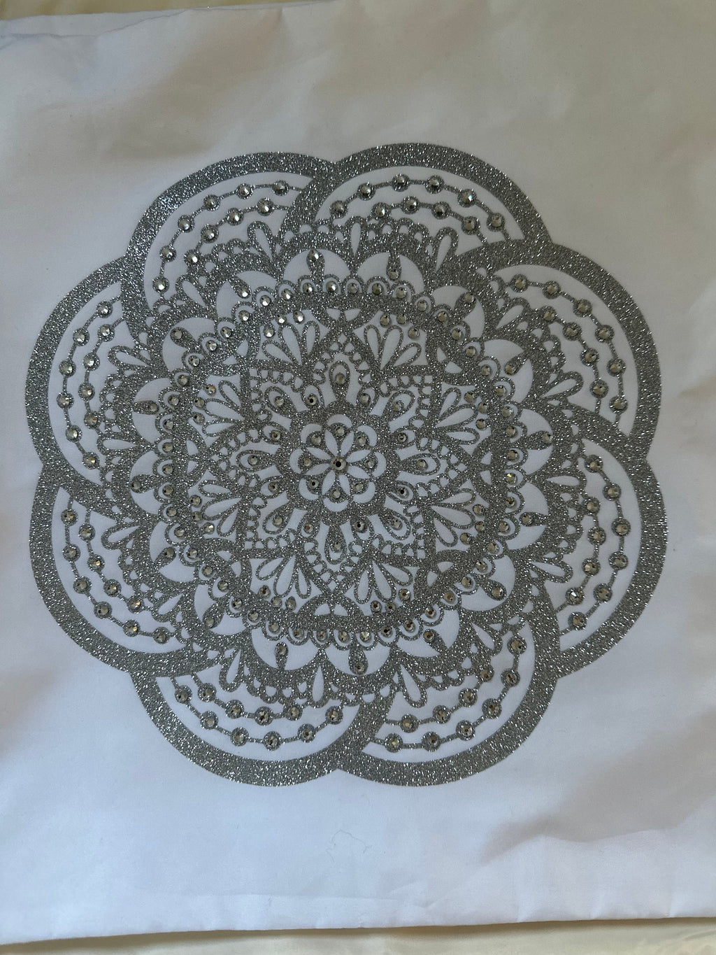 Silver Glitter Mandala Rhinestone Throw Pillow Cover - 15"x15" One-of-a-Kind Home Decor