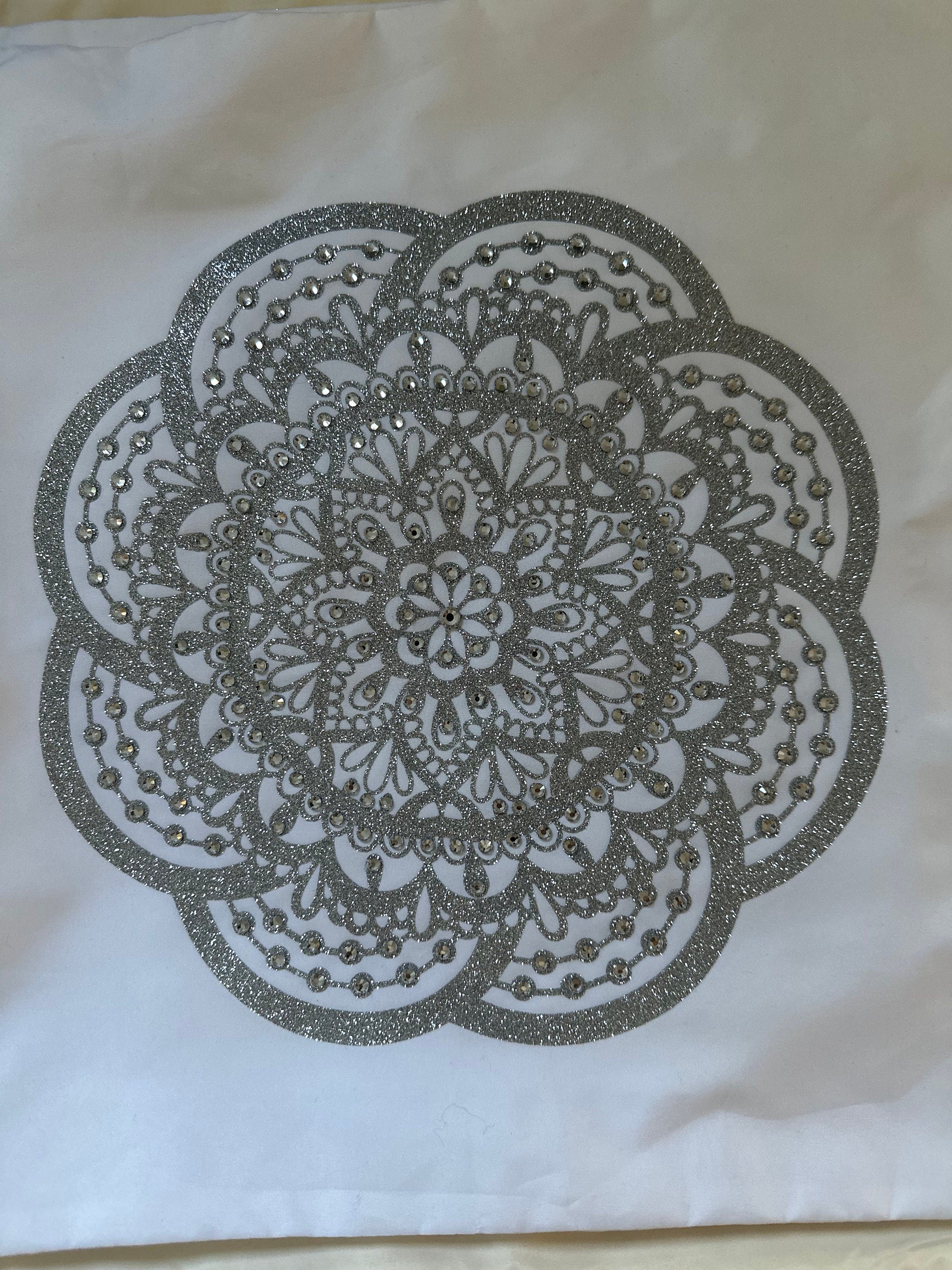 Silver Glitter Mandala Rhinestone Throw Pillow Cover - 15"x15" One-of-a-Kind Home Decor