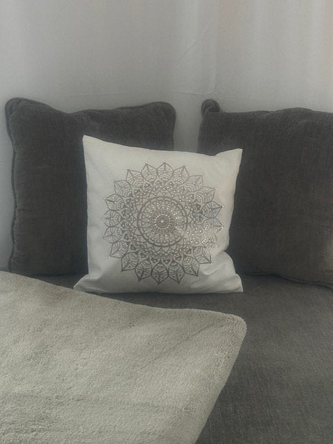 Silver Mandala Rhinestone Throw Pillow Cover - 16"x16" - One-of-a-Kind Home Decor