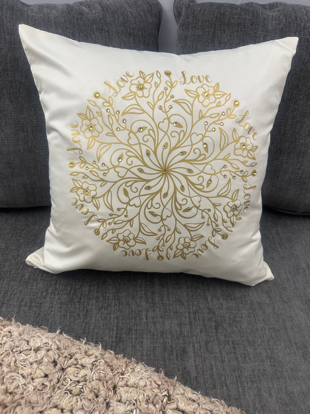 Golden "Love" Mandala - Handcrafted Rhinestone 16"x16" Throw Pillow Cover Home Decor