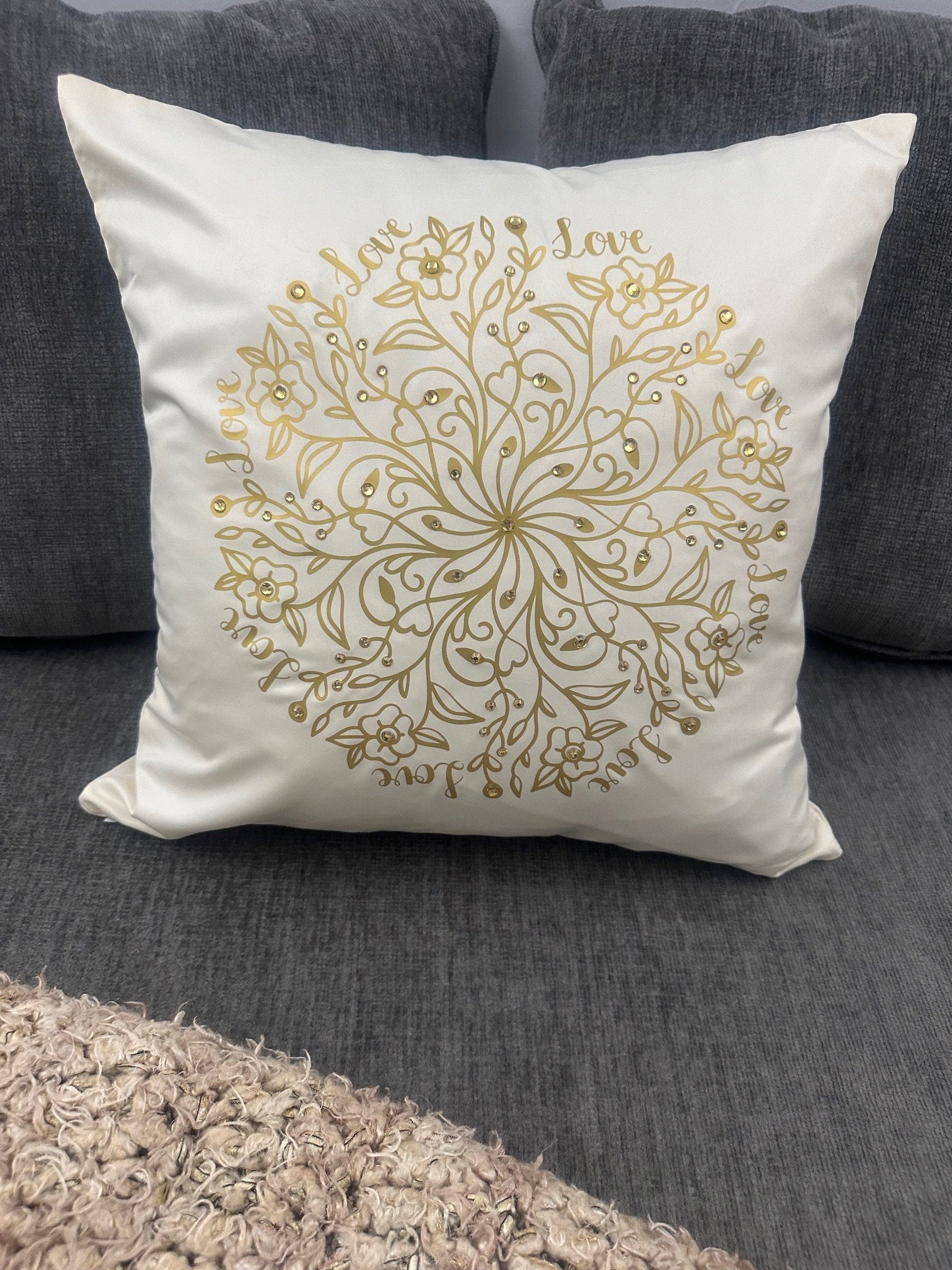 Golden "Love" Mandala - Handcrafted Rhinestone 16"x16" Throw Pillow Cover Home Decor