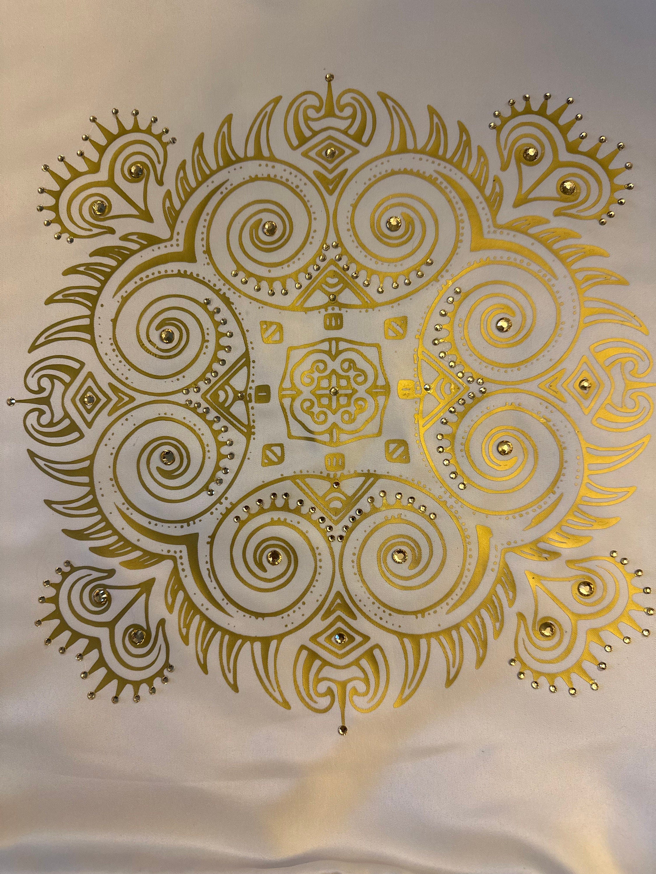 Dreamy Elegant Gold and Rhinestone Mandala Pillow, 16" x 16"; Home Decor