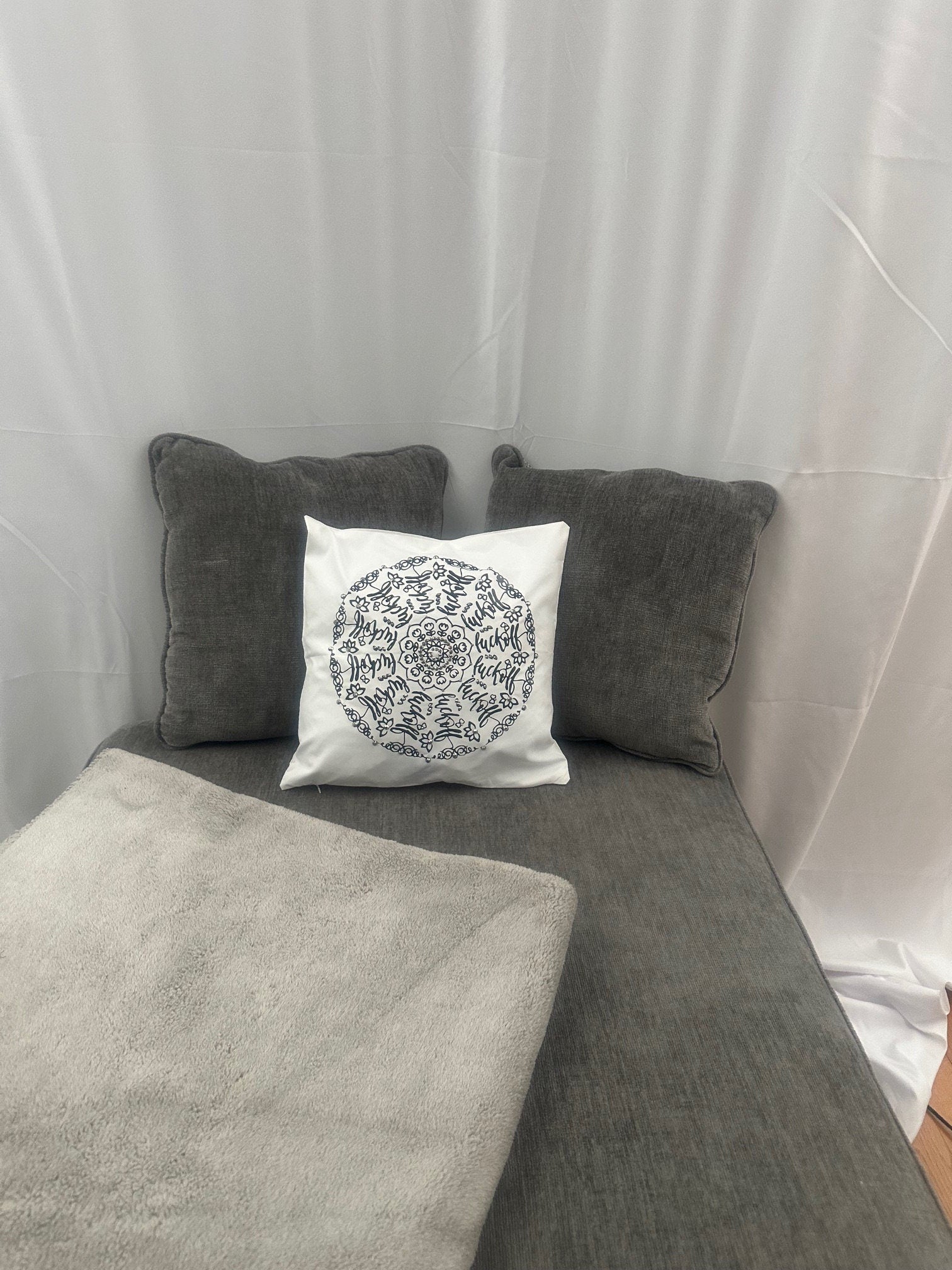 Give Sassy Vibes with Mandala Rhinestone Pillow Cover - Black, "fuck-off" One-of-a-Kind