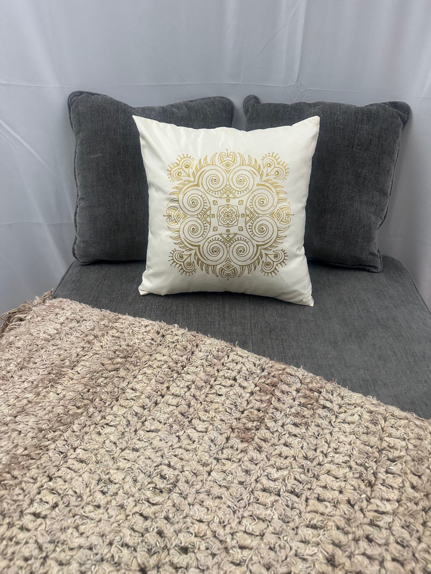 Dreamy Elegant Gold and Rhinestone Mandala Pillow, 16" x 16"; Home Decor