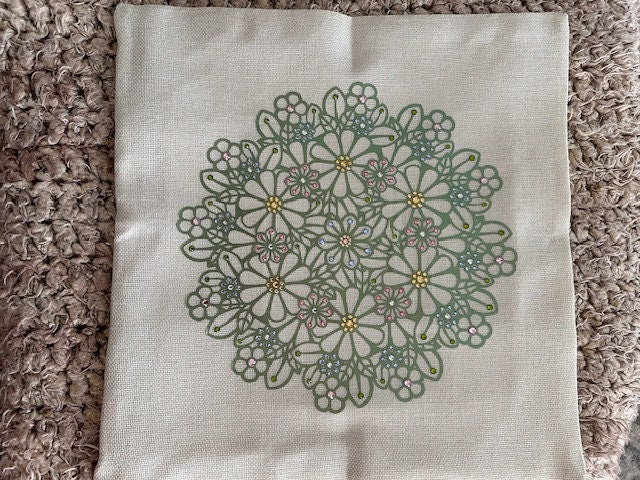 Luxurious Metallic Green Flower Mandala Rhinestone Pillow Cover - Handmade Shimmering Home Decor Accessory