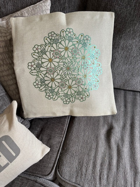 Luxurious Metallic Green Flower Mandala Rhinestone Pillow Cover - Handmade Shimmering Home Decor Accessory