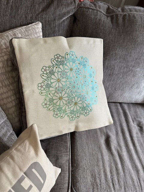 Luxurious Metallic Green Flower Mandala Rhinestone Pillow Cover - Handmade Shimmering Home Decor Accessory