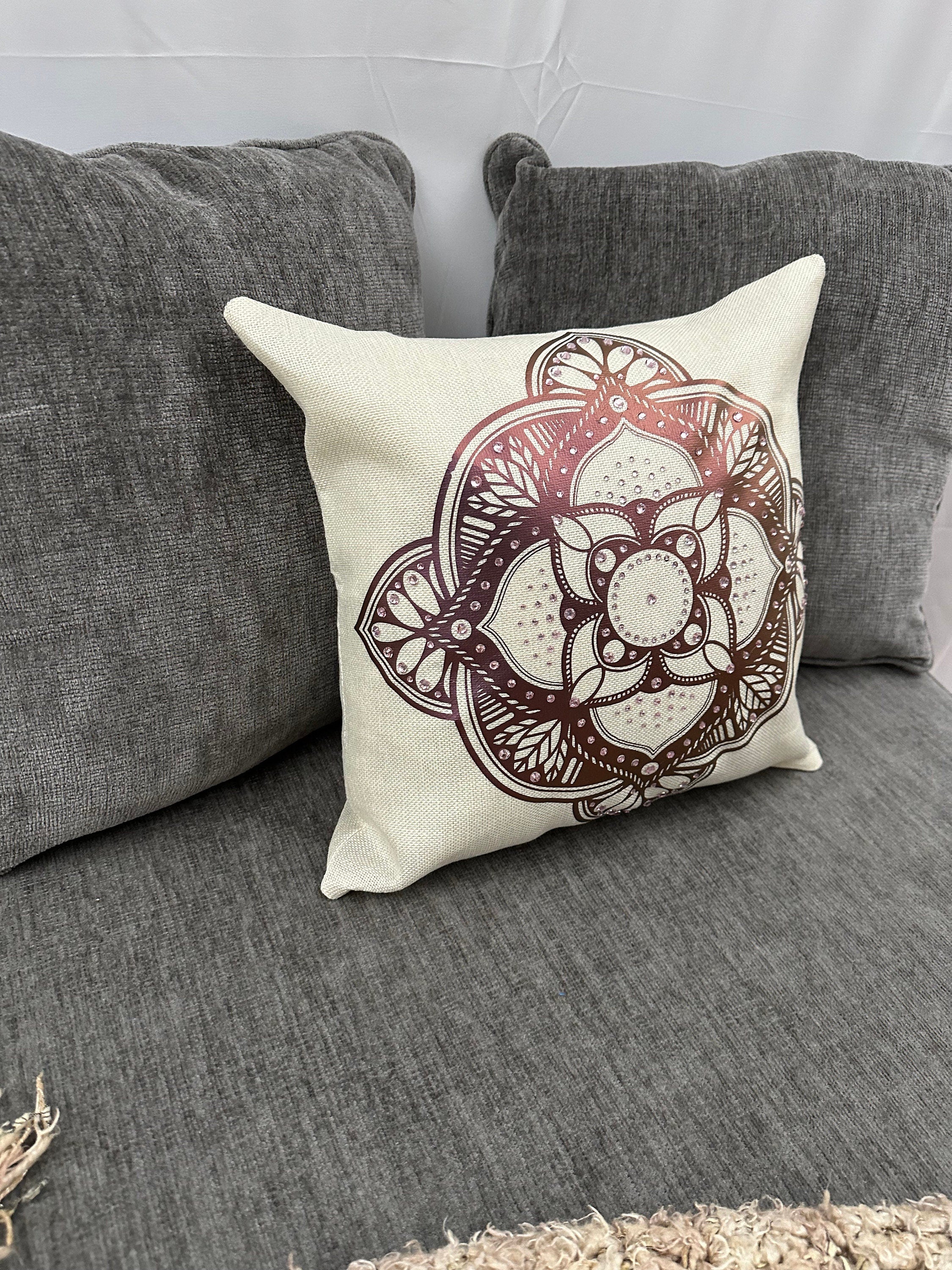 Exquisite Burgundy Mandala Throw Pillow with Rhinestone Embellishments for Elegant Home Decor