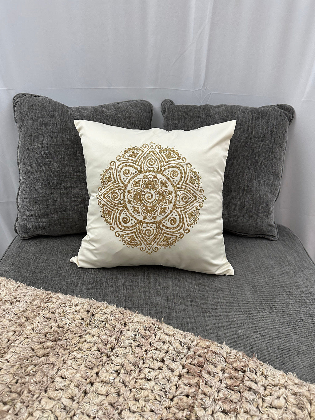 Golden Glitter Mandala Rhinestone Throw Pillow Cover - 16"x16" One-of-a-Kind Home Decor