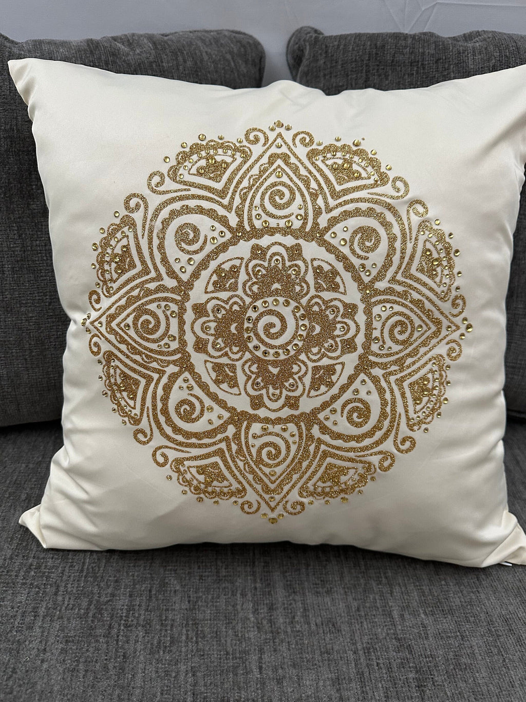 Golden Glitter Mandala Rhinestone Throw Pillow Cover - 16"x16" One-of-a-Kind Home Decor