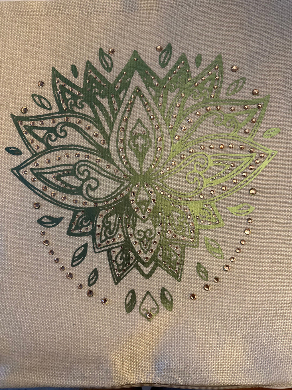 Metallic Green Mandala Throw Pillow Cover – Rhinestone Lotus Design, 16"x16"