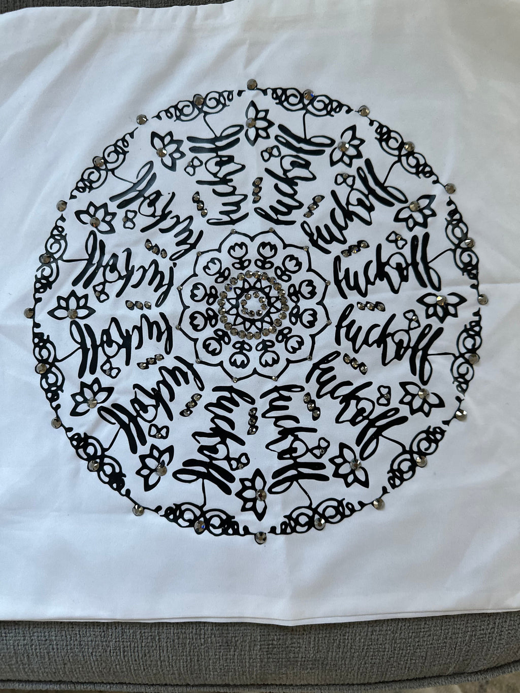 Give Sassy Vibes with Mandala Rhinestone Pillow Cover - Black, "fuck-off" One-of-a-Kind