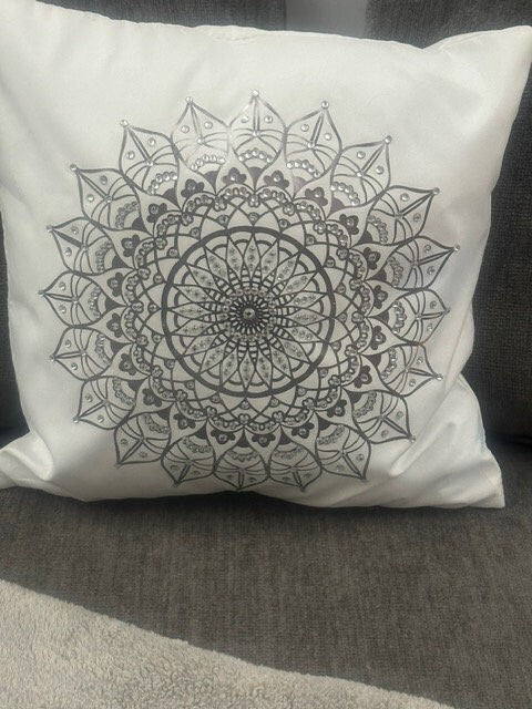 Silver Mandala Rhinestone Throw Pillow Cover - 16"x16" - One-of-a-Kind Home Decor