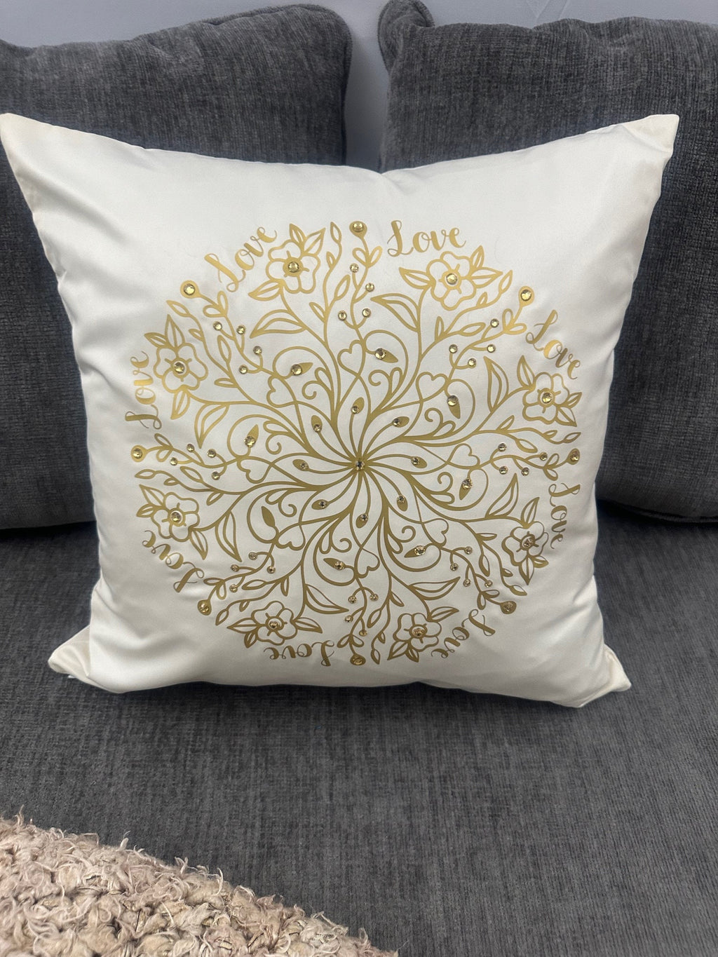 Golden "Love" Mandala - Handcrafted Rhinestone 16"x16" Throw Pillow Cover Home Decor