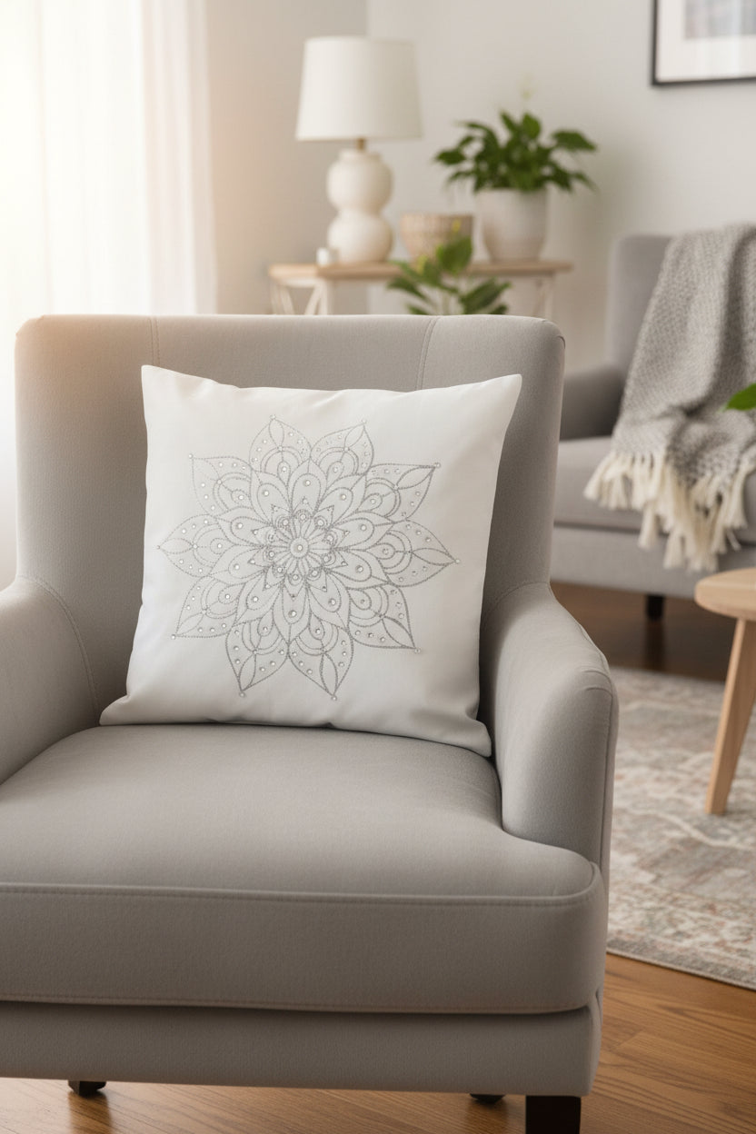 Silver Glitter Mandala Rhinestone Throw Pillow Cover - 15"x15" - One-of-a-Kind Home Decor