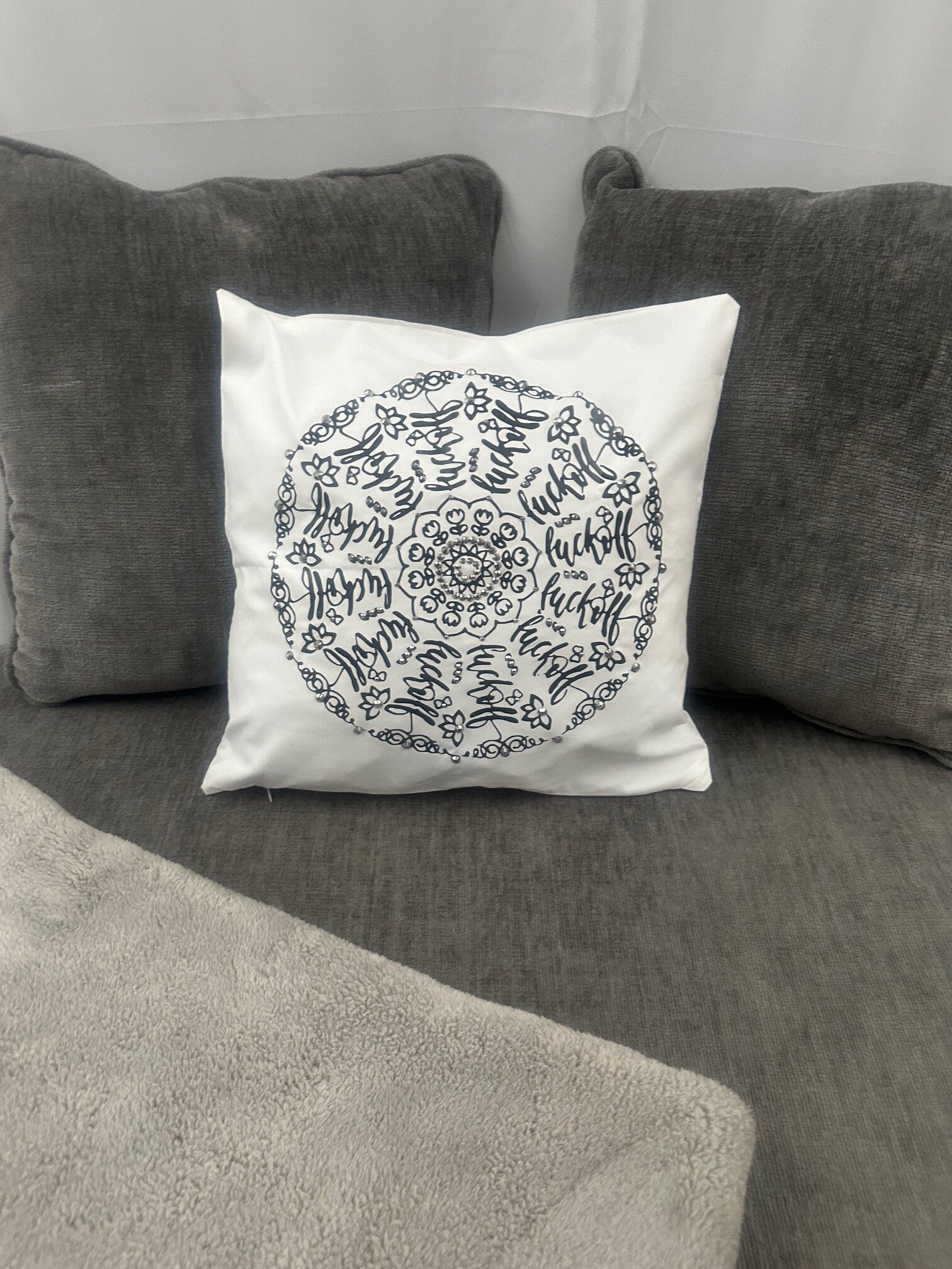 Give Sassy Vibes with Mandala Rhinestone Pillow Cover - Black, "fuck-off" One-of-a-Kind