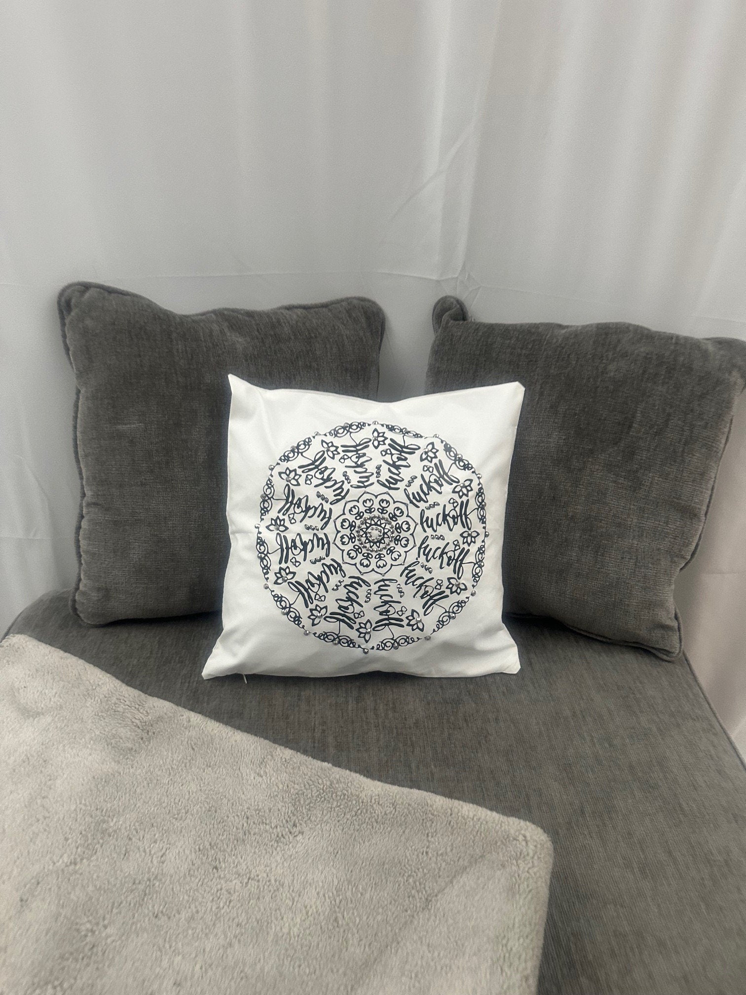 Give Sassy Vibes with Mandala Rhinestone Pillow Cover - Black, "fuck-off" One-of-a-Kind