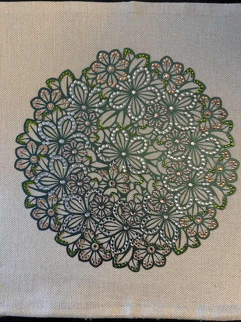 Handmade Metallic Green Mandala Rhinestone Pillow Cover – Shimmering Home Decor