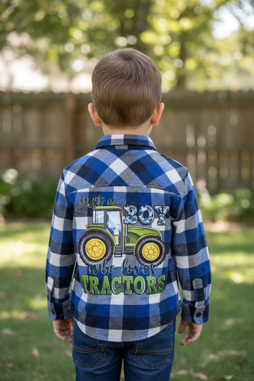 Upcycled Toddler Flannel Shirt – Tractor Design, Size 3T