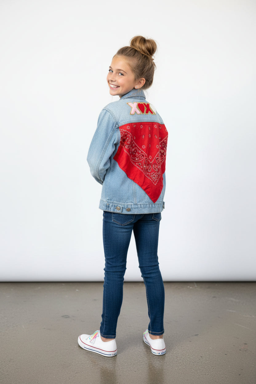 Upcycled Youth Denim Jacket – Size 10/12 | XOXO Bandana Back | One of a Kind