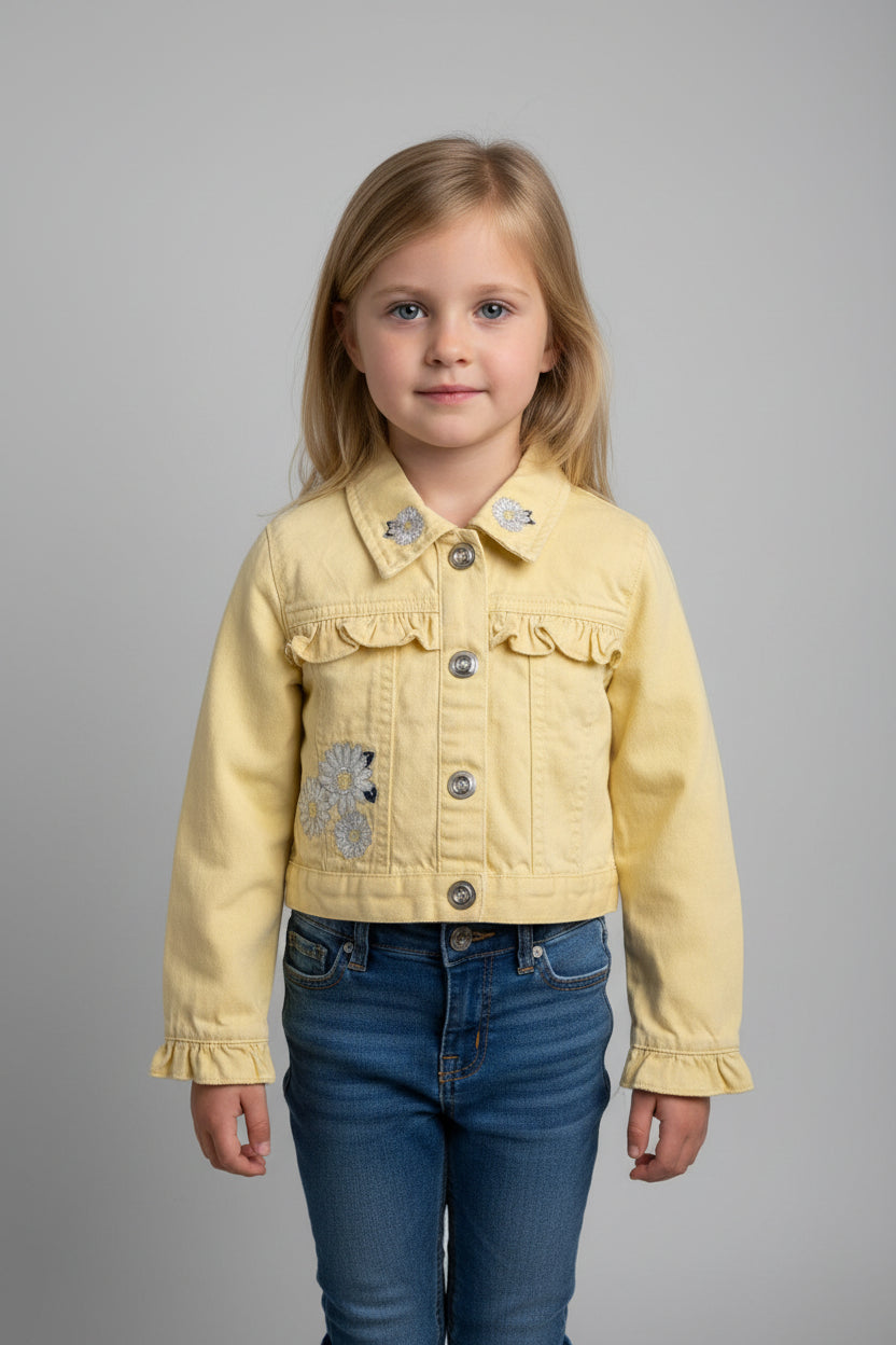 Upcycled Girls Denim Jacket – Size 3T | Yellow Daisy Jacket | One of a Kind