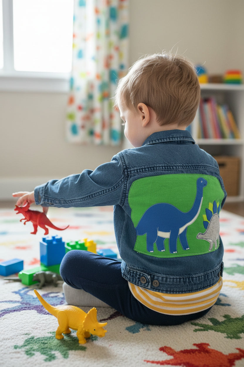 Upcycled Toddler Denim Jacket 24M – Dinosaur Appliqué | One of a Kind Kids Jean Jacket