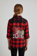 Upcycled LOVE Flannel Shirt | Red Black Plaid, Youth Size 7/8