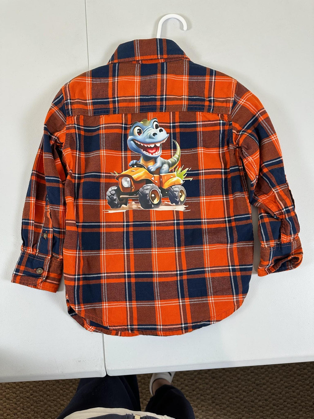 Upcycled Toddler Flannel Shirt – Size 3T | Dino Monster Truck Design