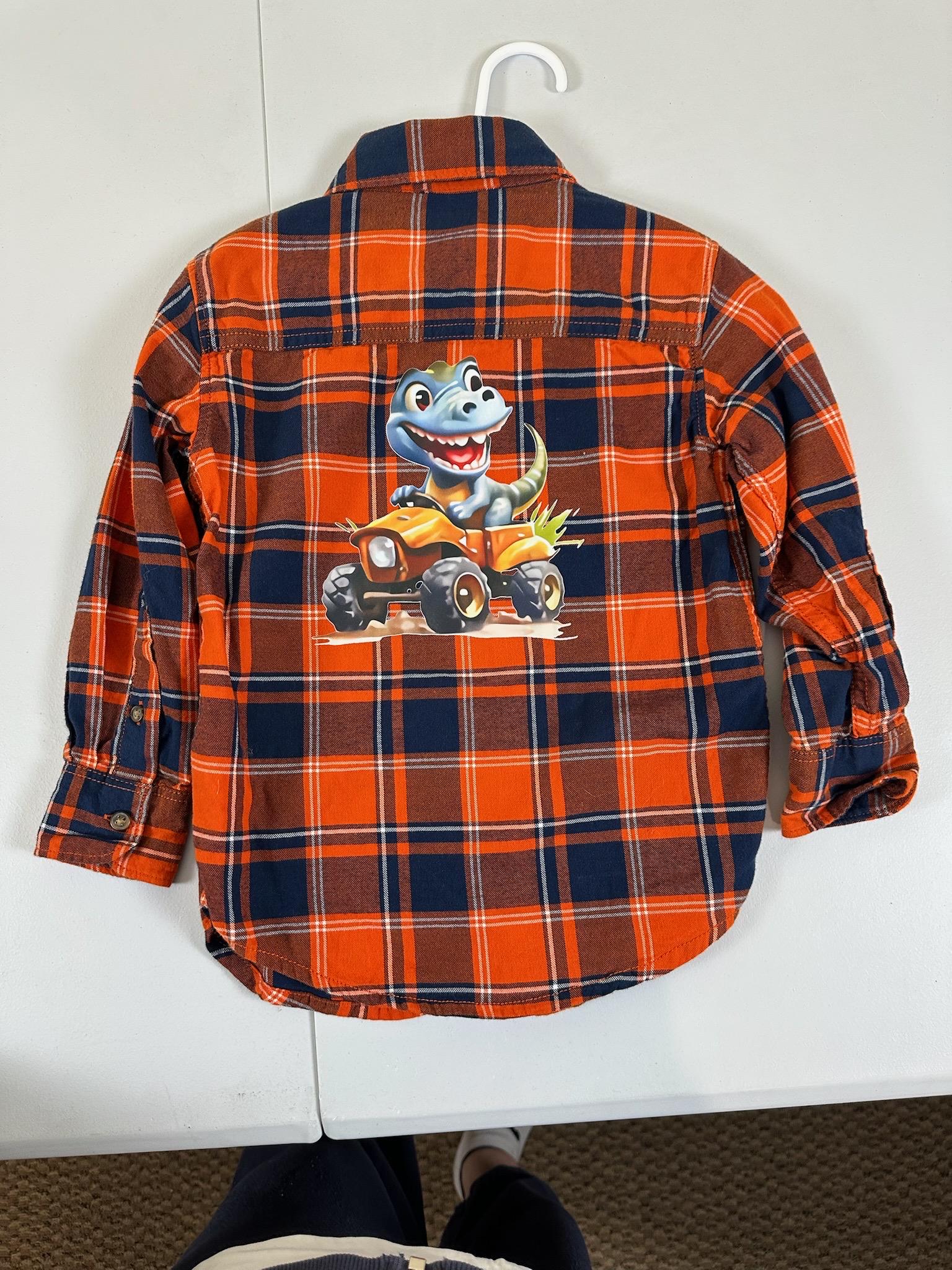Upcycled Toddler Flannel Shirt – Size 3T | Dino Monster Truck Design
