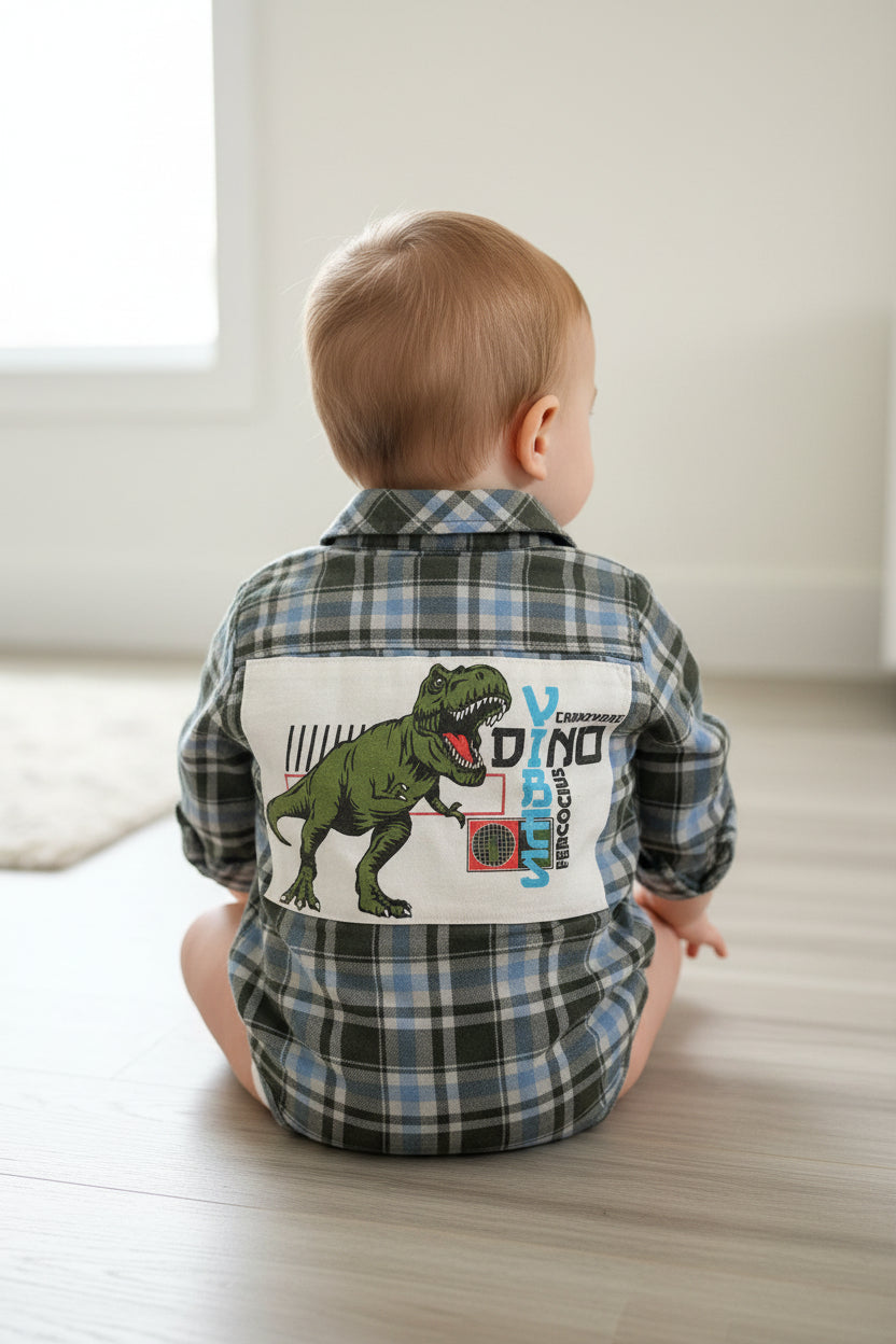 Upcycled Baby Flannel Onesie – Size 18 Months | Dino Appliqué | One of a Kind