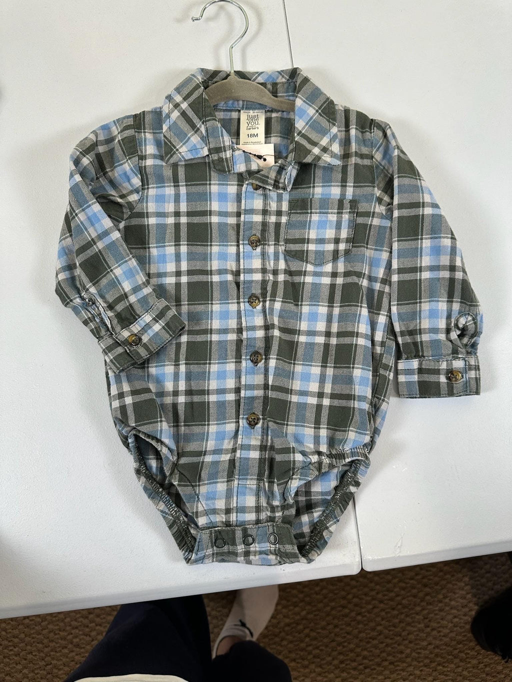 Upcycled Baby Flannel Onesie – Size 18 Months | Dino Appliqué | One of a Kind