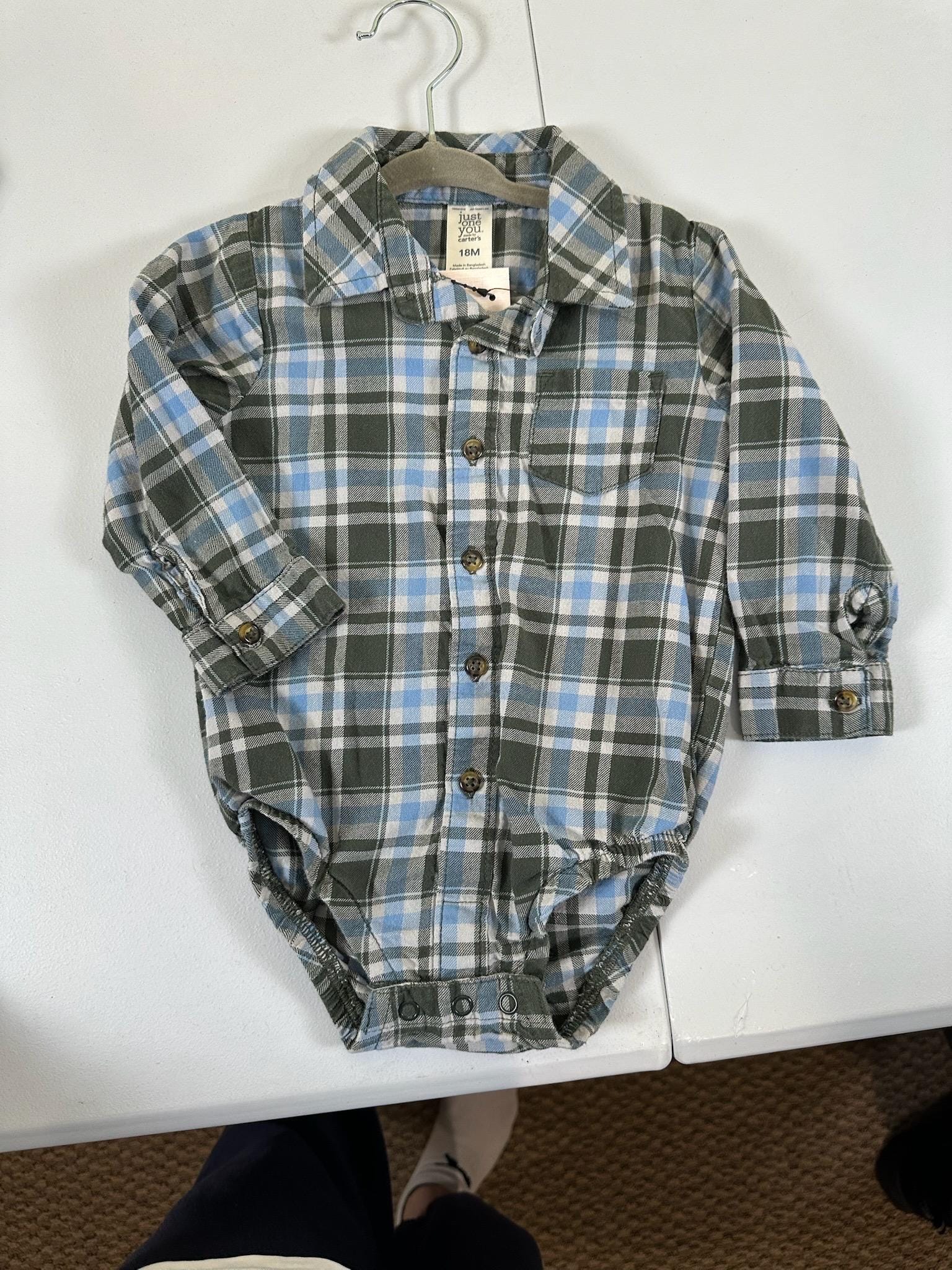 Upcycled Baby Flannel Onesie – Size 18 Months | Dino Appliqué | One of a Kind