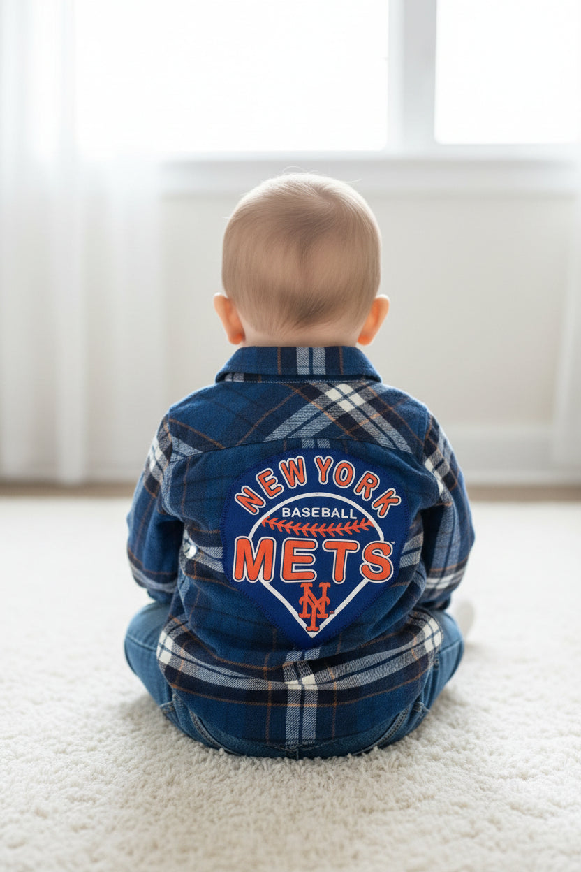 Upcycled Toddler Flannel Shirt – Size 24 Months | New York Mets Inspired | One of a Kind