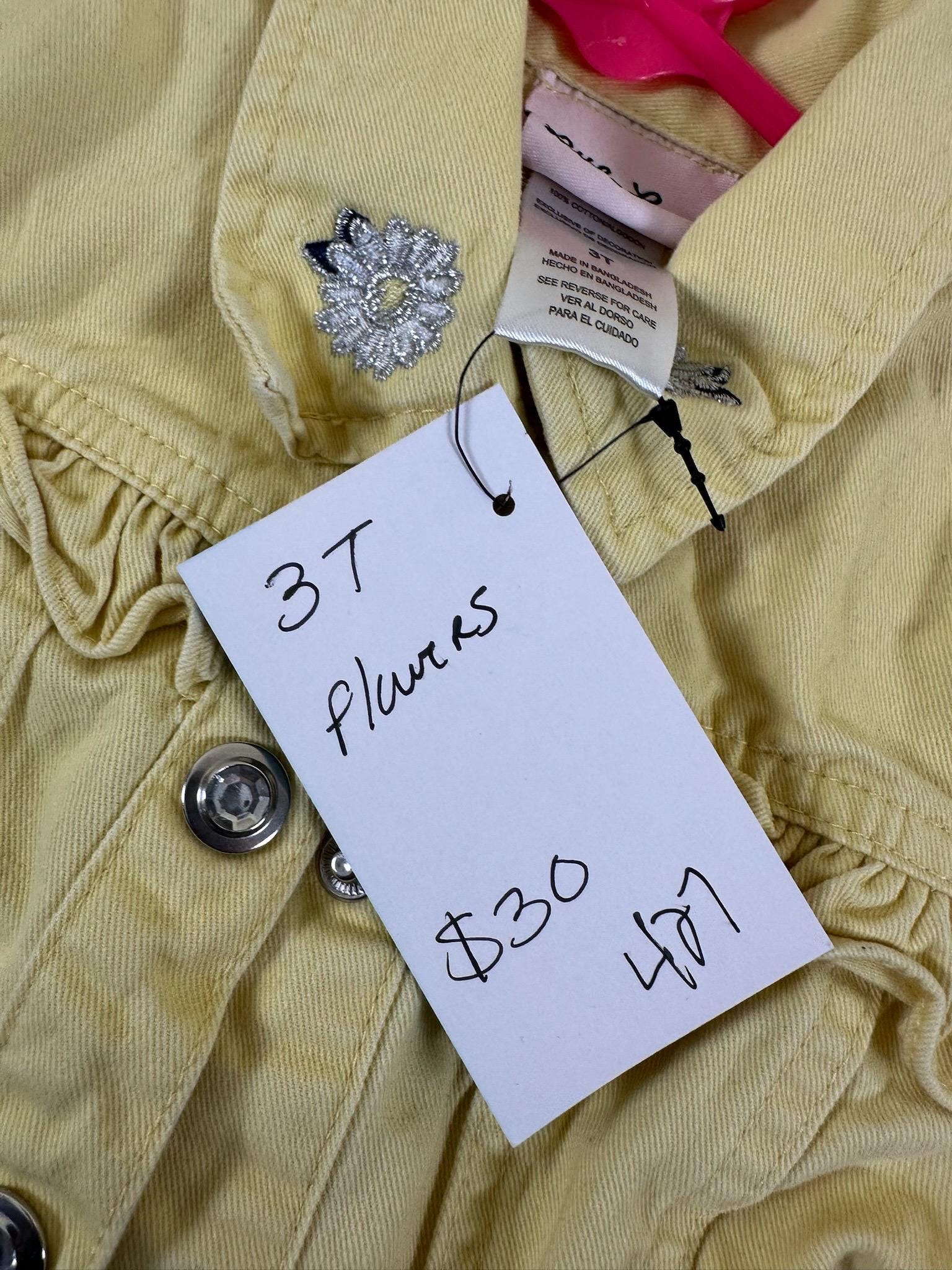 Upcycled Girls Denim Jacket – Size 3T | Yellow Daisy Jacket | One of a Kind