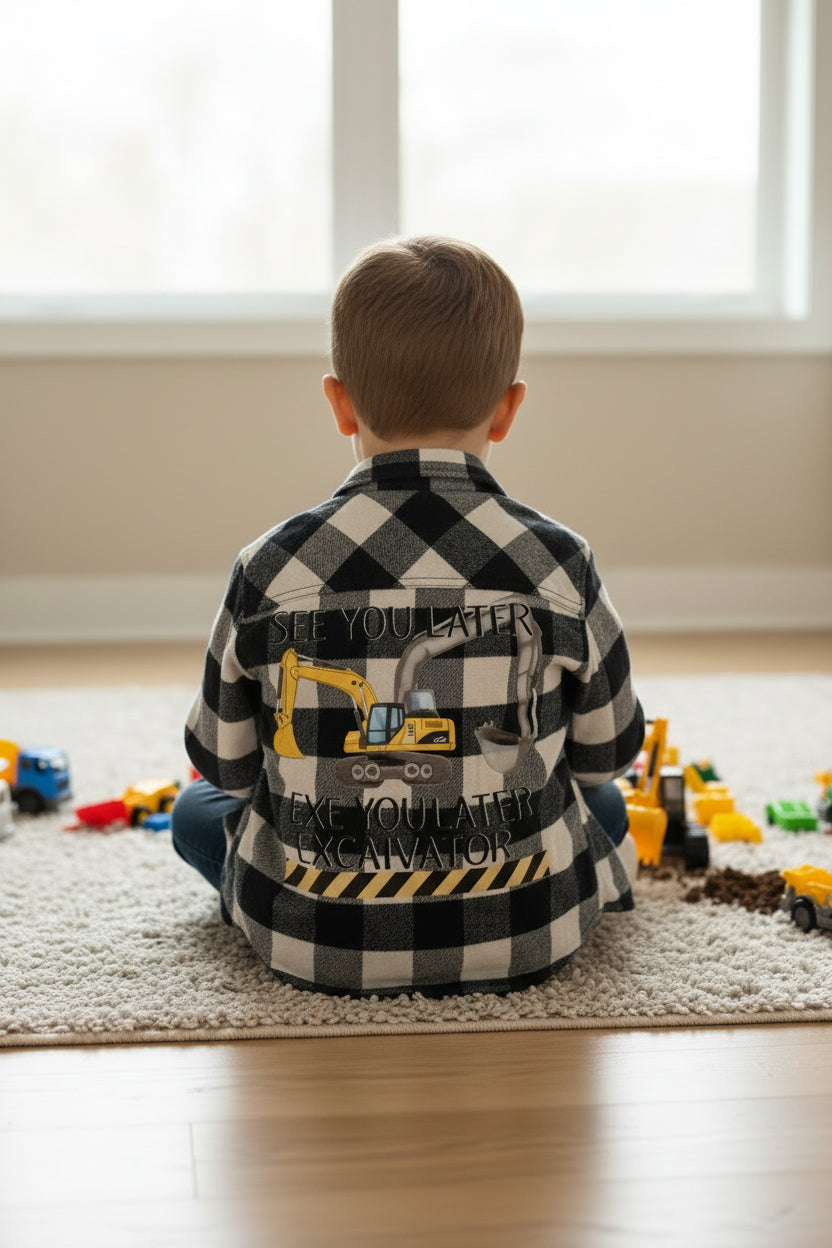 Toddler Excavator Flannel Shirt – Buffalo Plaid Construction Outfit, 3T