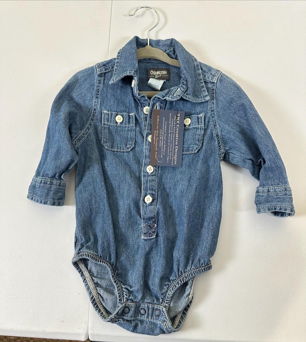 Upcycled Baby Denim Onesie – Size 18 Months | Bluey & Bingo Baseball Inspired | One of a Kind