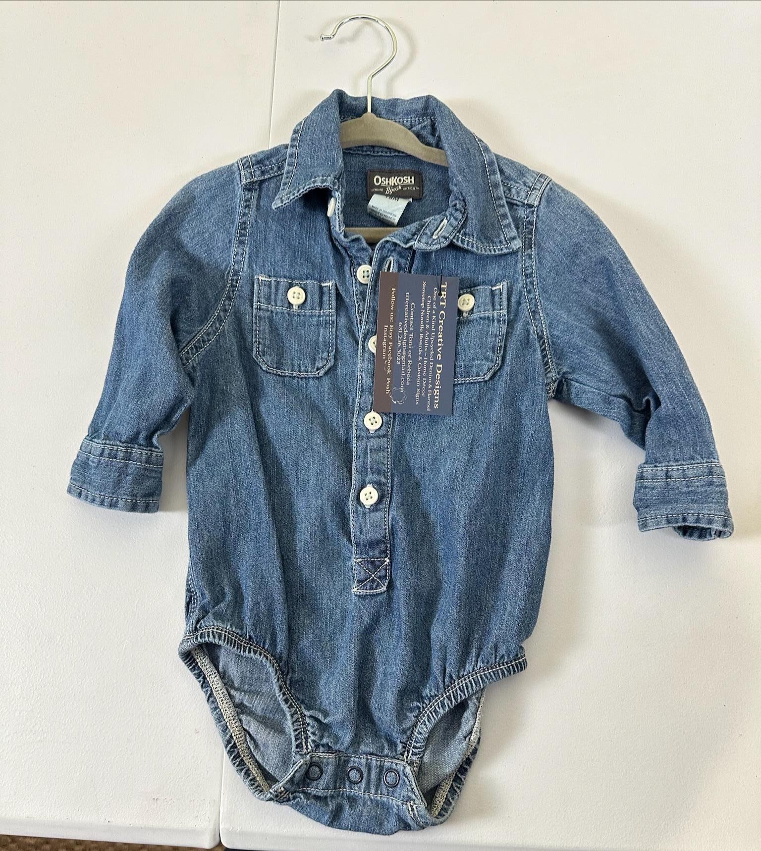 Upcycled Baby Denim Onesie – Size 18 Months | Bluey & Bingo Baseball Inspired | One of a Kind
