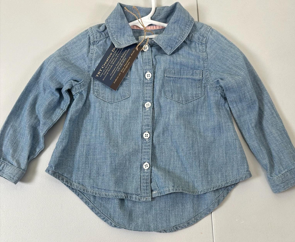 Upcycled Toddler Denim Shirt 2T – Dino Scooter Patch | One of a Kind Kids Top