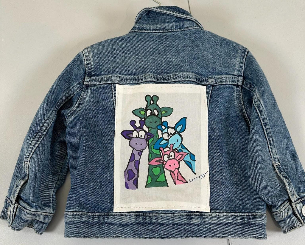 Upcycled Giraffe Denim Jacket for Toddler Girls | Size 2T Kids Jean Jacket | Handmade Animal Jacket | One of a Kind Boutique Style