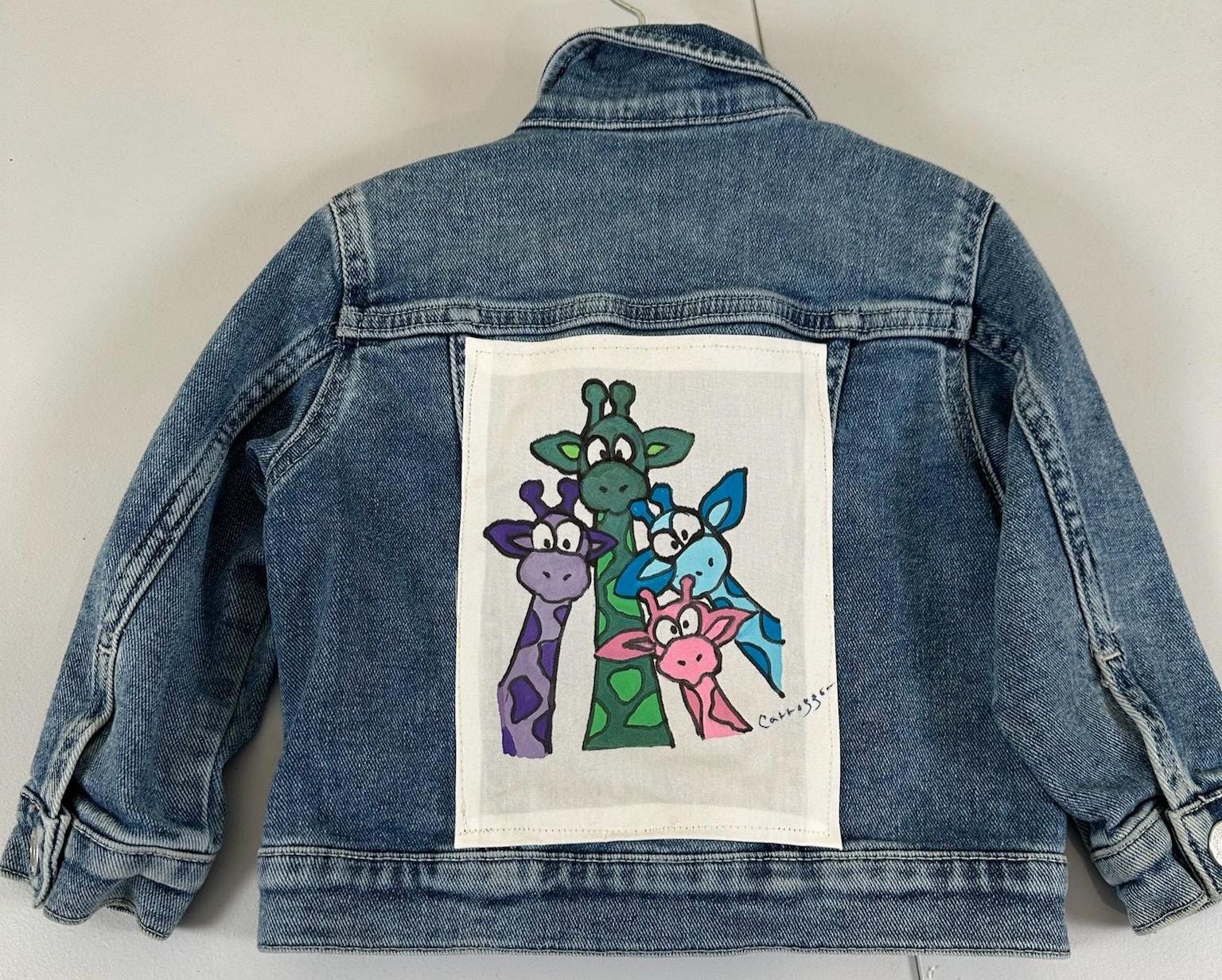 Upcycled Giraffe Denim Jacket for Toddler Girls | Size 2T Kids Jean Jacket | Handmade Animal Jacket | One of a Kind Boutique Style