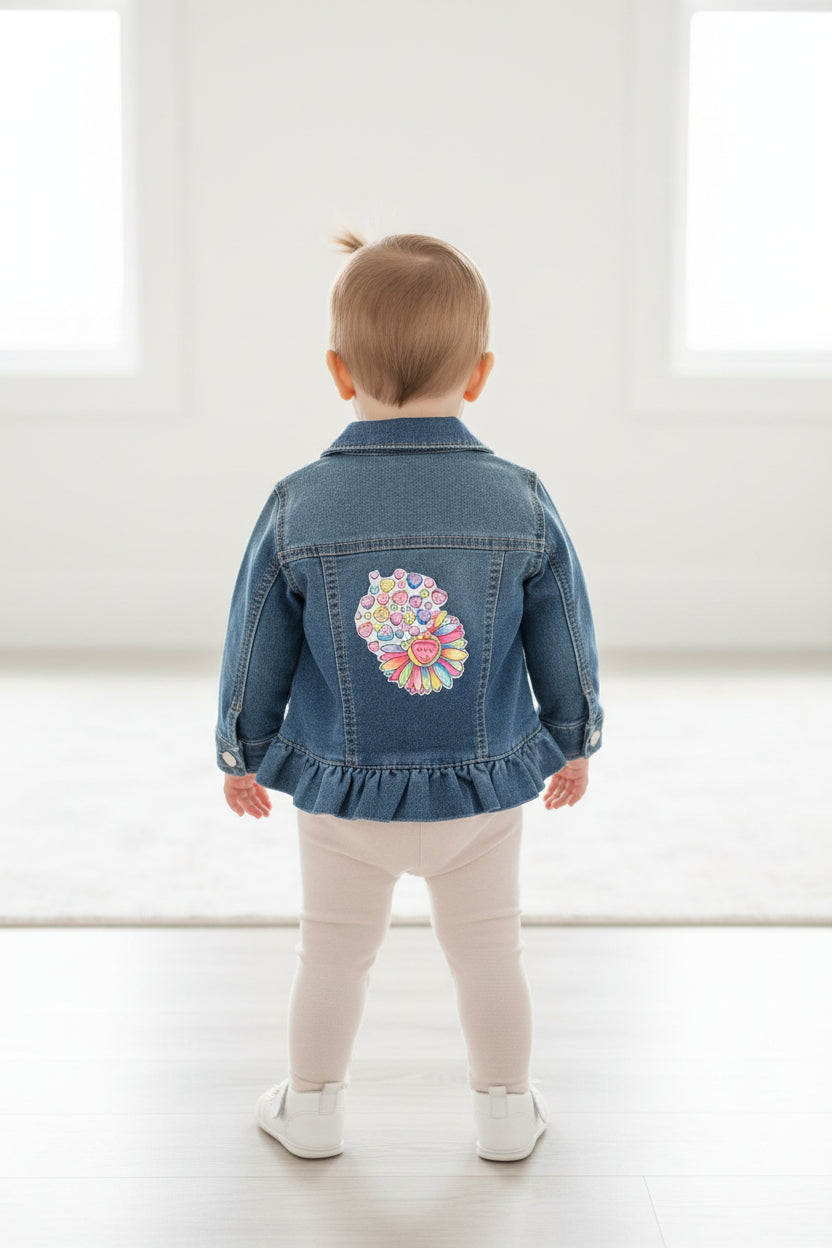 Baby Girl Denim Jacket – Valentine Candy Heart, Rainbow Love, 18 Months