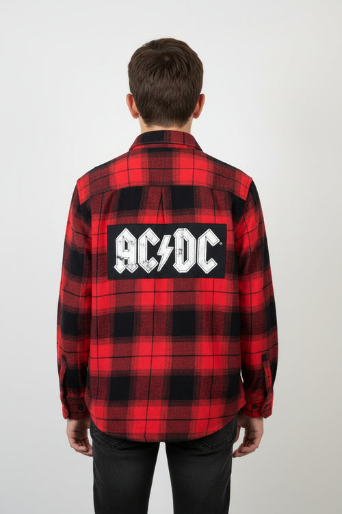 AC/DC Flannel Shirt Youth L | Upcycled Red Black Plaid, Rock Band Tee