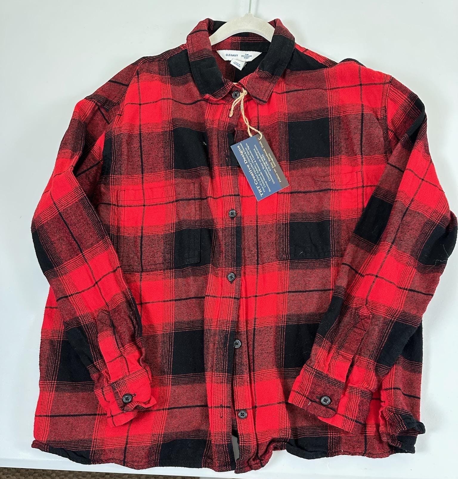 AC/DC Flannel Shirt Youth L | Upcycled Red Black Plaid, Rock Band Tee