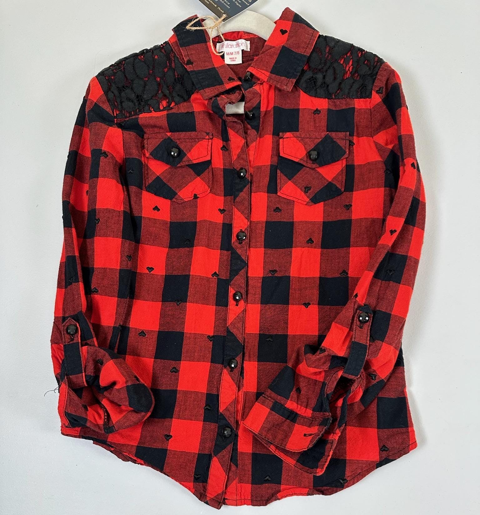 Upcycled LOVE Flannel Shirt | Red Black Plaid, Youth Size 7/8