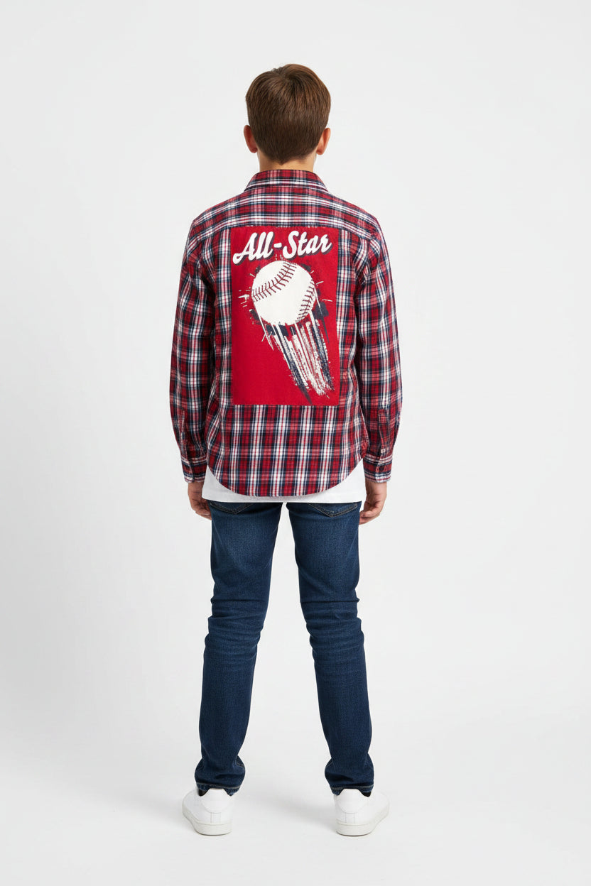 Youth XL Baseball Flannel Shirt | Red White Blue Plaid, All-Star Graphic
