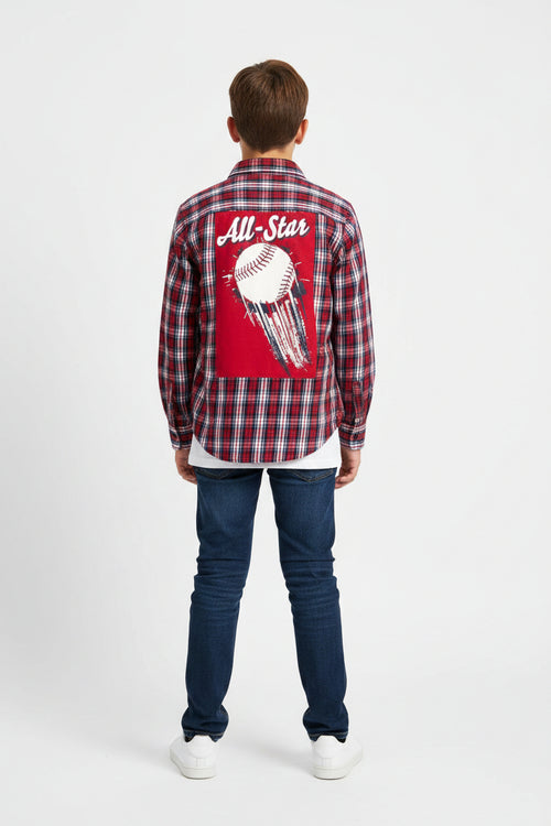 Youth XL Baseball Flannel Shirt | Red White Blue Plaid, All-Star Graphic